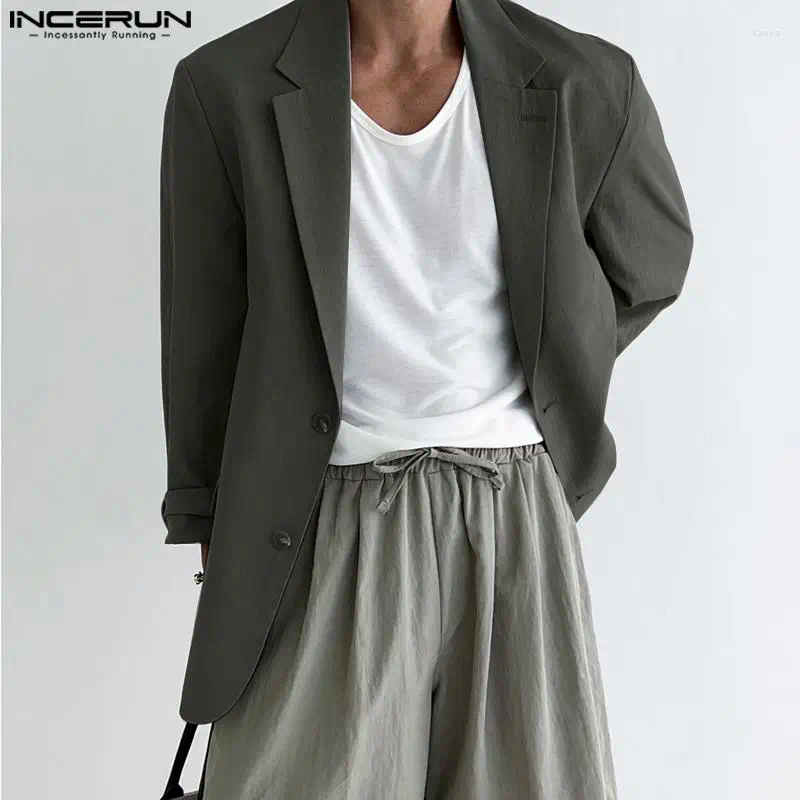 Мужские костюмы INCERUN 2024, мужской пиджак, однотонный пиджак с лацканами и длинным рукавом, уличная одежда, модные повседневные элегантные тонкие пальто на пуговицах для отдыха 5XL