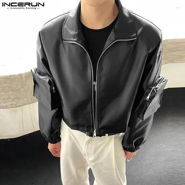 Costumes masculins Incerun Tops 2024 American Style Fashion Zipper Blazers Locomotive Pocket Pocket Cuir solide Long Mancoved Cost Coats S-5XL