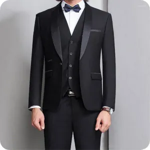 Costumes pour hommes Italien Noir Hommes Mariage Châle Revers Slim Fit Groom Tuxedos Terno Masculino 3Pièce Veste Pantalon Gilet Rétro Costume Homme