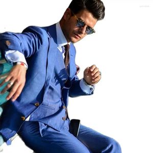 Costumes pour hommes Italien Bleu Hommes Groom Mariage Tuxedo Prom Terno Masculino Casual Costume Homme Slim Fit Blazer 3 pcs Veste Pantalon Gilet