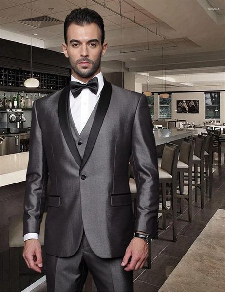 Costumes pour hommes italiens sur mesure gris marié noir revers un bouton veste pantalon cravate gilet hommes Tuxedos pour les garçons d'honneur de mariage