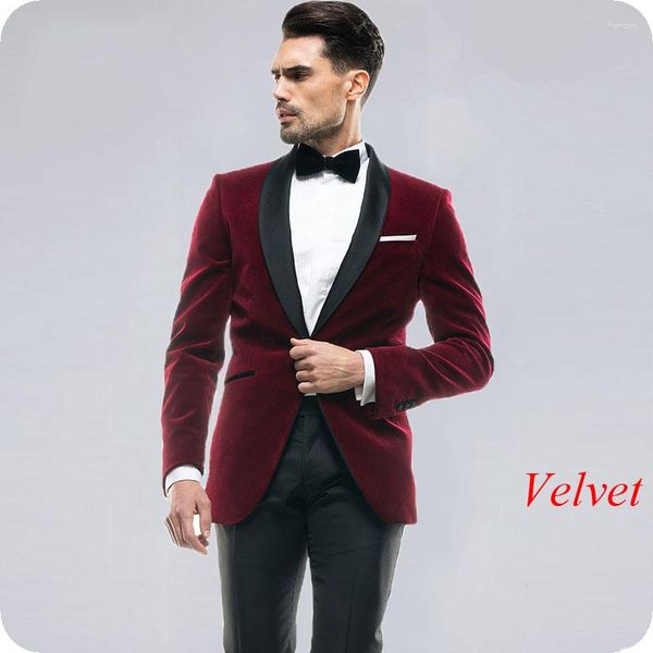 Trajes para hombres chaqueta fumadora italiana Borgoña Velvet Moda Moda de la boda Lapa de chal negro 2 piezas delgadas del giro delgado