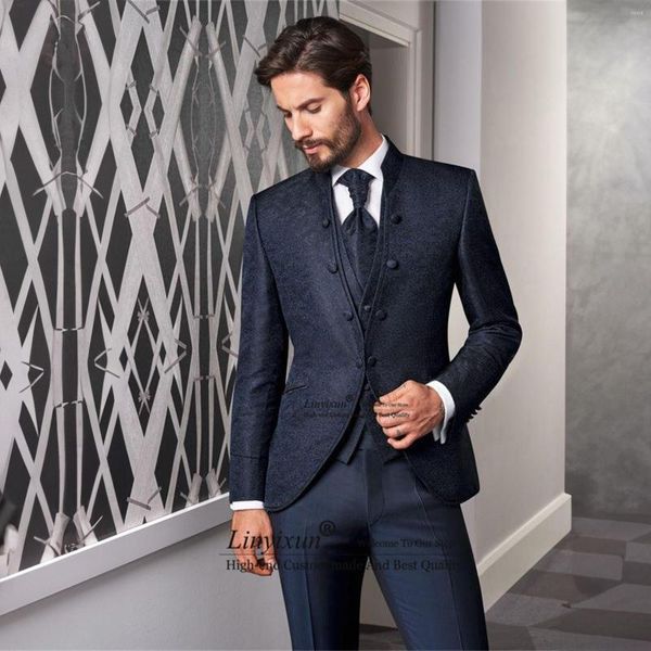 Trajes de hombre italiano Stand Collar boda para hombres Slim Fit Jacquard novio esmoquin 3 piezas chaqueta clásica Terno Masculinos Completo