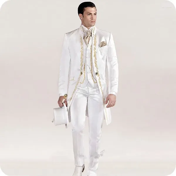Costumes pour hommes italie rétro blanc Satin costume traînant brodé mince longue veste pantalon gilet marié smoking 3 pièces sur mesure