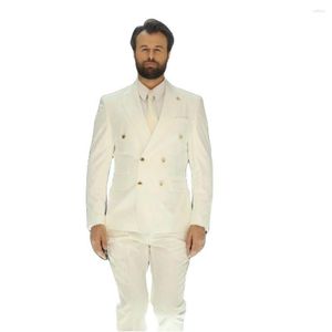 Costumes pour hommes Ivoire Hommes 2 pièces Peaked Revers Double boutonnage Slim Costume Homme Mariage Groom Tuxedos Terno Masculino Prom Blazer