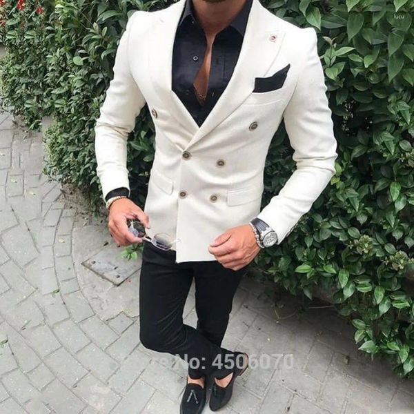 Costumes pour hommes Ivoire Hommes Casual Business Slim Fit Tuxedos de mariage Double boutonnage Groom Wear Costume de marié Homme 2pcs Veste Pantalon