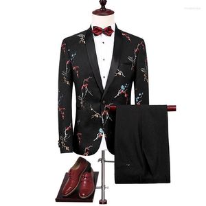 Herenpakken (jasbroek) Zwarte bloemenprint Tuxedo Mens 2023 Men Flower Slim Vintage Designer Brand Party