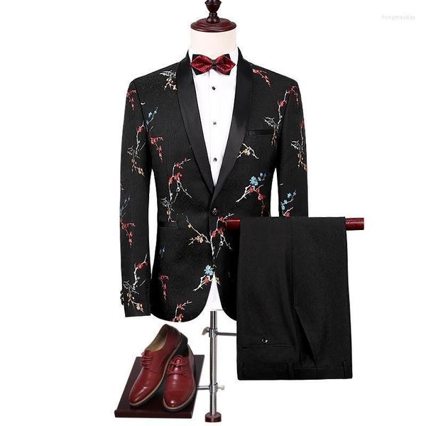 Costumes pour hommes (veste pantalon) noir imprimé fleuri smoking hommes 2023 hommes fleur Slim Vintage Designer marque fête