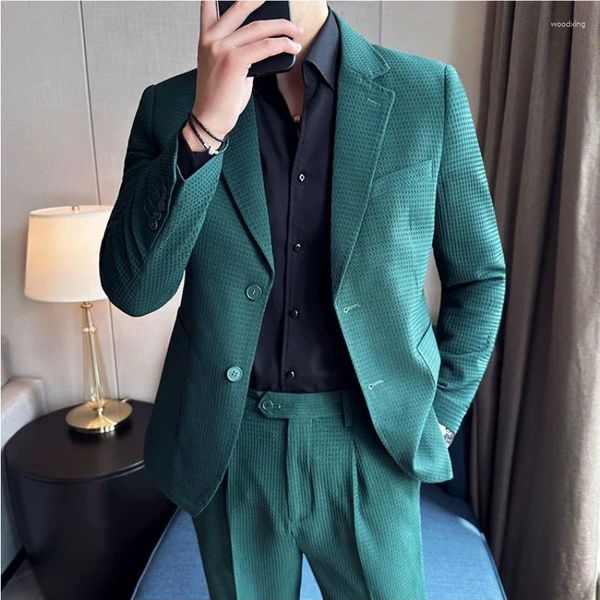 Trajes de hombre (pantalones de chaqueta) Waffle verde negocios 2 piezas hombres sólido Slim Fit esmoquin novio boda fiesta ropa conjuntos Casuales