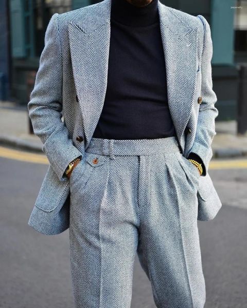 Trajes para hombre (pantalones de chaqueta), traje para hombre, chaqueta informal de otoño en espiga gris, abrigo hecho a medida, corte entallado, cálido, moda de boda para novio