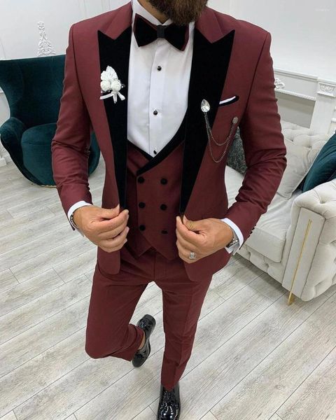 Trajes para hombre (chaqueta, pantalones, chaleco) 2023, traje rojo vino para el trabajo, boda en la playa, conjunto clásico de 3 piezas para fiesta de graduación y noche, hecho a medida