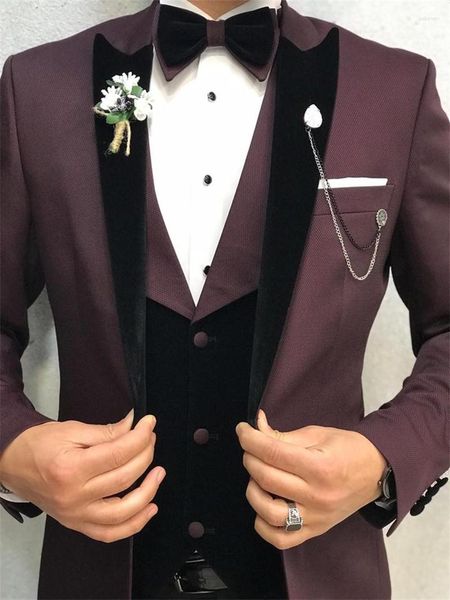 Trajes para hombre (chaqueta, pantalones, chaleco), abrigo burdeos, Tuexdos de novio de 3 piezas para boda, traje Formal para fiesta de graduación, chaqueta de noche para fiesta, hecho a medida