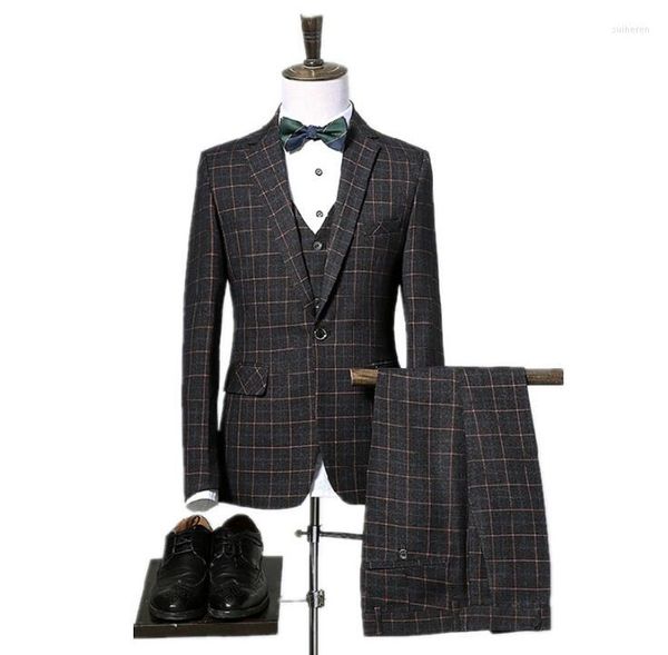 Trajes de hombre Chaqueta Pantalones Chaleco Traje Mariage Homme Plaid Boda Hombres Blazer Vestido Raya Hombres Traje de Navidad