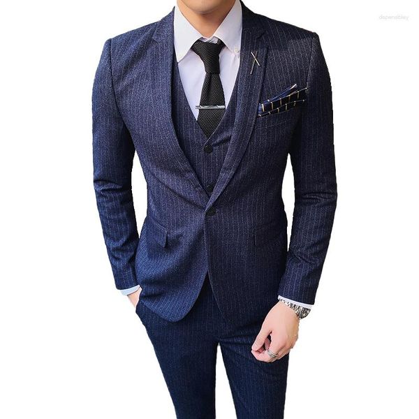 Trajes de hombre (chaqueta chaleco pantalones) 2023 moda Boutique rayas Casual negocios hombres traje 3 uds conjunto novio boda vestido Formal