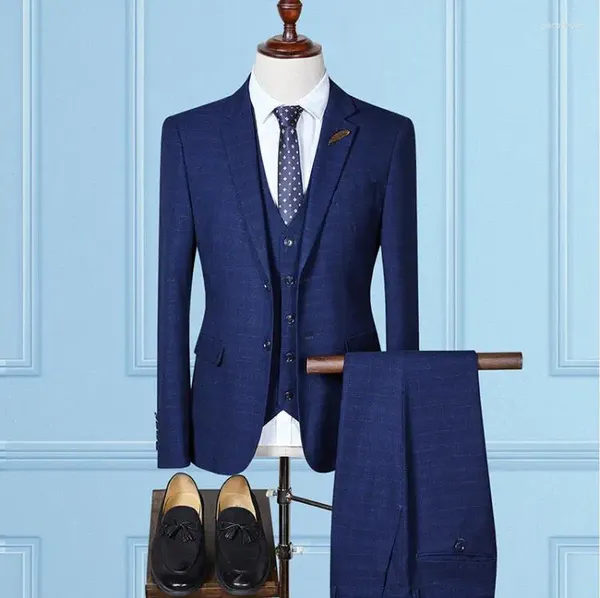 Trajes para hombre (chaqueta, chaleco y pantalones) 2024, traje de vestir de boda personalizado con rejilla de lana informal para hombre, traje de negocios para hombre de tamaño completo de tres piezas