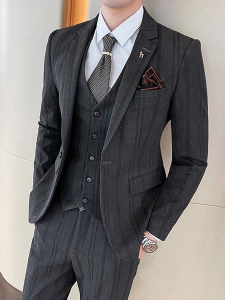 Trajes para hombre (chaqueta, chaleco, pantalones), marca de gama alta, Boutique, moda, traje de negocios Formal a rayas, conjunto de tres piezas, vestido de novia para novio