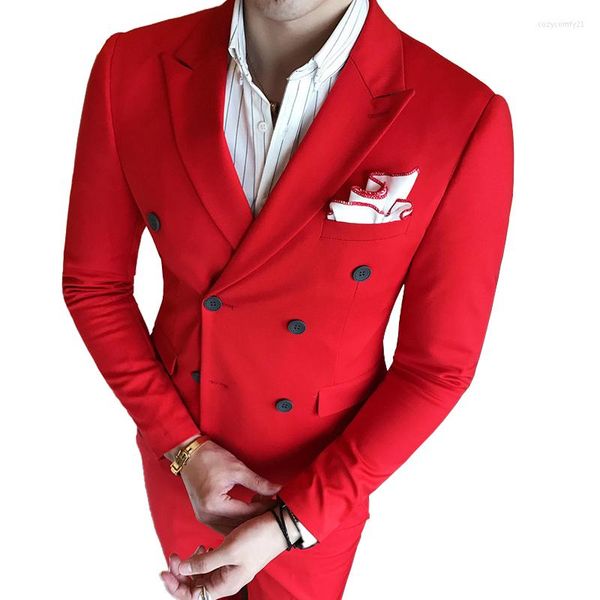 Trajes de hombre (chaqueta, chaleco, pantalones), moda para hombre, Color sólido, traje Formal de negocios con doble botonadura, 3 conjuntos/vestido de novia para novio