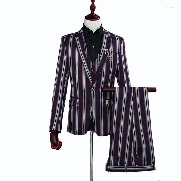Costumes pour hommes (veste gilet pantalon) trois pièces costume décontracté ensemble coloré large rayure revers mode affaires Social bal