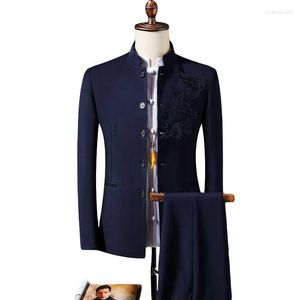 Trajes para hombre (chaquetas y pantalones) sinicismo para hombre, dos trajes de algodón de alta calidad/traje tipo túnica chino ajustado para hombre, Blazers de negocios 5XL