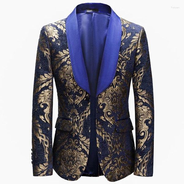 Costumes pour hommes Jacquard Floral Blazer avec revers châle une pièce de mariage hommes costume veste sur mesure bleu marine mâle manteau de mode 2024