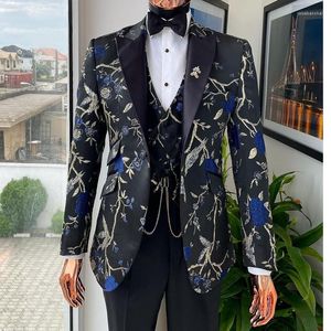 Costumes pour hommes Jacquard Formal Sutis For Men Wedding 2023 Raven And Forest Pattern Jacket 3 Piece Custom Groom Tuxedo (Blazer Vest Pants)