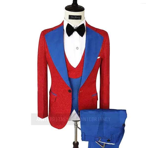 Suits para hombres Jacquard Red Jack Blue Blue Groom Formal de boda Tuxedo Prom Blazer Hombre de alta calidad Set de 3 piezas Set de 3 piezas Homme