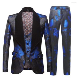 Trajes de hombre Traje de jacquard para hombre Marea Azul marino Estampado floral Moda Casual Últimos diseños de pantalón de abrigo Traje de escenario de novio de boda