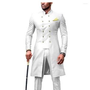 Trajes de hombre JELTOIN diseño africano blanco hombres Stand Collar doble botonadura boda para novio 2 piezas abrigo largo pantalón