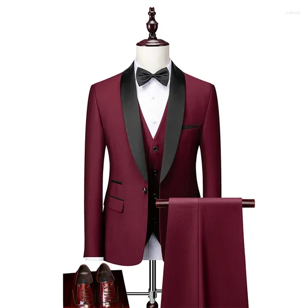 Trajes de hombre JELTOIN hecho a medida para hombre Slim Fit 3 piezas padrinos de boda Borgoña chal solapa esmoquin de negocios para chaqueta de boda Formal