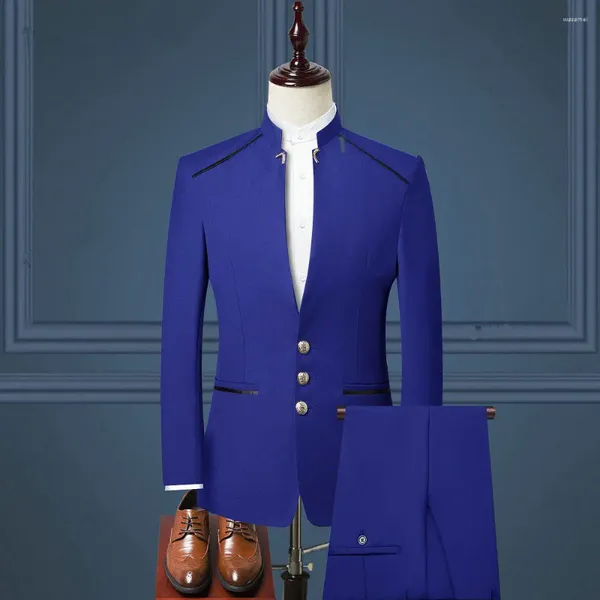 Costumes pour hommes JELTOIN sur mesure bleu Royal col montant Design de mode bouton d'or Tuxedos pour hommes costume de marié fête de mariage