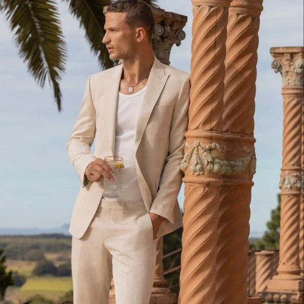 Trajes de hombre de lino caqui, traje informal de negocios, frac de novio, conjunto personalizado de 2 piezas con un solo pecho para boda (pantalones de chaqueta)