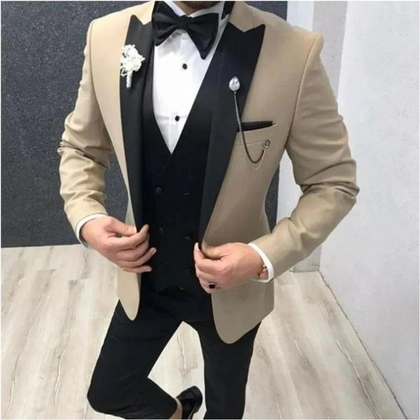 Trajes de hombre de color caqui, 3 piezas, traje de padrino de boda con un botón, solapa en pico, esmoquin para hombre, chaqueta para fiesta de boda (chaqueta, pantalones, chaleco)