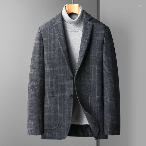 Trajes para hombres estilo coreano hombres lana a cuadros blazer clásico gris azul marino marrón