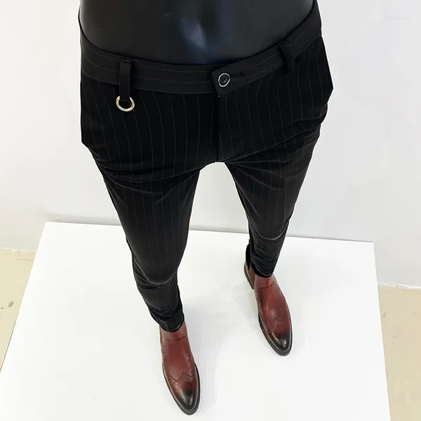 Trajes para hombre, pantalones de estilo coreano, pantalones informales ajustados a rayas de alta calidad, traje de vestir negro, pantalones tipo cigarrillo para hombre