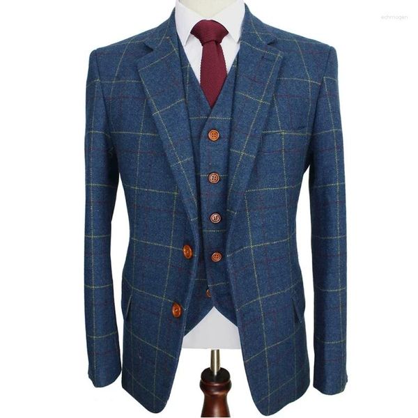 Costumes pour hommes Lansboter Bleu Hommes Costume Ckeck Tweed Custom Made Blazers Rétro Tailleur Slim Fit Mariage Pour 3 Pièces Veste Pantalon Gilet