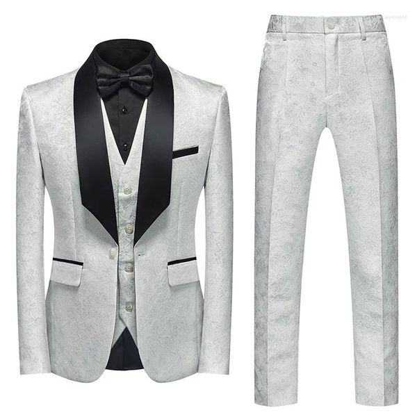 Costumes pour hommes Lansboter Blanc Hommes Costume 3 Pièces Ensemble Tissu Jacquard Avec Revers Noir Business Slim Fit Soirée Mariage Marié Veste Gilet Pantalon