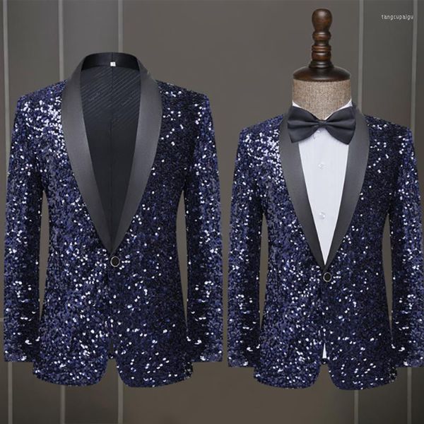 Costumes pour hommes grande taille brillant Deepblue Sequin veste hommes paillettes orné Blazer Costume de bal Costume Homme scène vêtements pour chanteurs