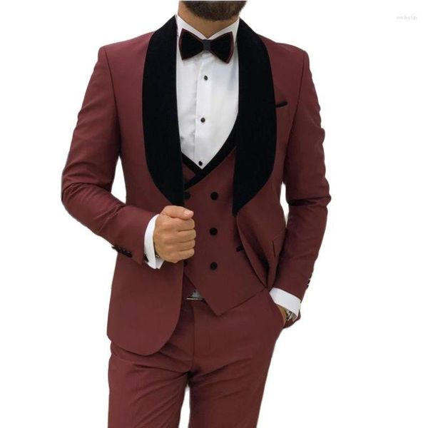 Últimos trajes de hombre Borgoña hombres Tailcoat esmoquin negro chal cuello Slim Fit hombre novio Blazer pantalones chaleco traje pantalones 3 piezas