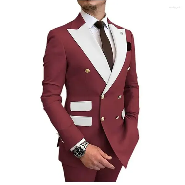 Costumes pour hommes dernières affaires vin rouge hommes Double boutonnage bouton d'or marié mariage smoking sur mesure 2 pièces costume formel