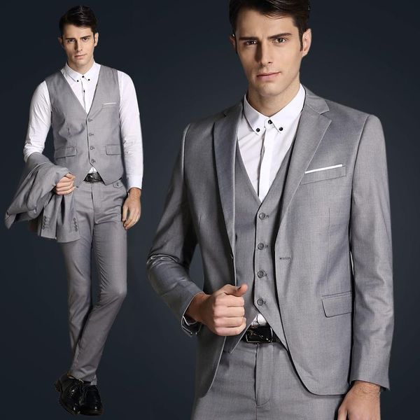 Trajes de hombre Último diseño de pantalón de abrigo Gris brillante Traje de boda por encargo para hombres Sastre Formal Blazer Slim Fit Tuxedo 3 piezas Vestido F Bl