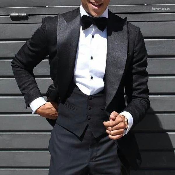 Trajes para hombre, último abrigo, diseño de pantalón, traje de boda Formal de 3 piezas para hombre, traje negro con satén para hombre hecho a medida