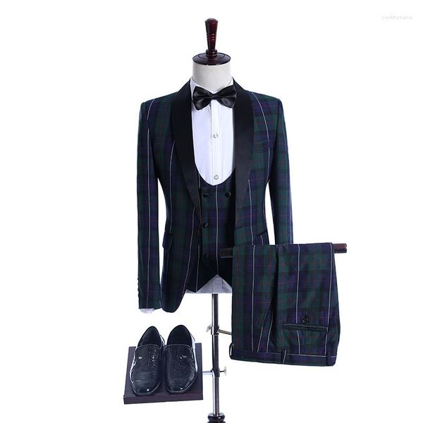 Costumes pour hommes Dernières conceptions de pantalons de manteau 2023 Costume Homme Mariage Robe De Noiva Vert 3 Pièces Costume À Carreaux Hommes Robe De Mariée Marié Smoking