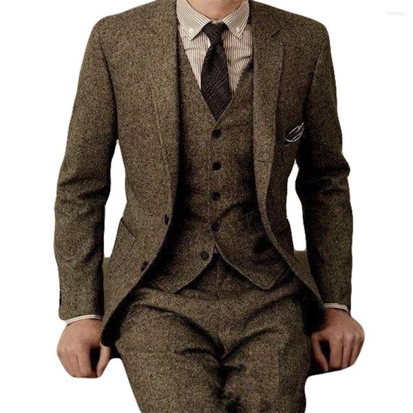 Trajes de hombre, los últimos diseños de pantalones de abrigo, traje de Tweed marrón de marca, conjunto para hombre, boda personalizada ajustada para 3 piezas, esmoquin de chaqueta de madera de granja