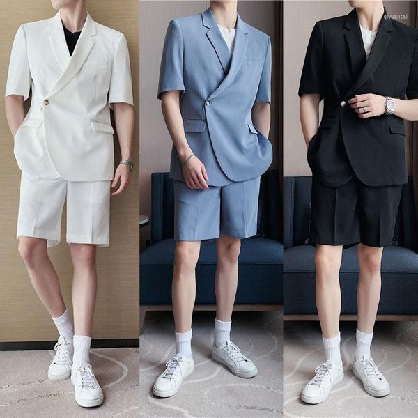 Trajes para hombres Últimos diseños de pantalón y abrigo Conjuntos de pantalones cortos para hombres casuales Verano Delgado Coreano Tendencia delgada Guapo Traje de manga corta Chaqueta Blazer