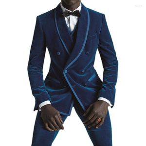 Costumes pour hommes dernières conceptions de pantalons de manteau bleu Royal velours hommes costume Double boutonnage Slim Fit 3 pièces smoking personnalisé fête de bal