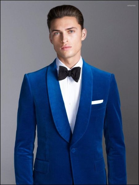 Trajes de hombre, los últimos diseños de pantalones de abrigo, chal de terciopelo azul real, solapa, Formal, personalizado, para novio, boda, para hombre, ajustado, 2 piezas, Terno