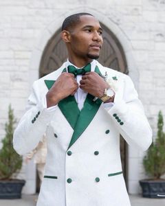 Trajes para hombre, último abrigo, diseños de pantalones, Jacquard blanco, solapa de satén verde, esmoquin de boda con doble botonadura para graduación, Terno Masculino
