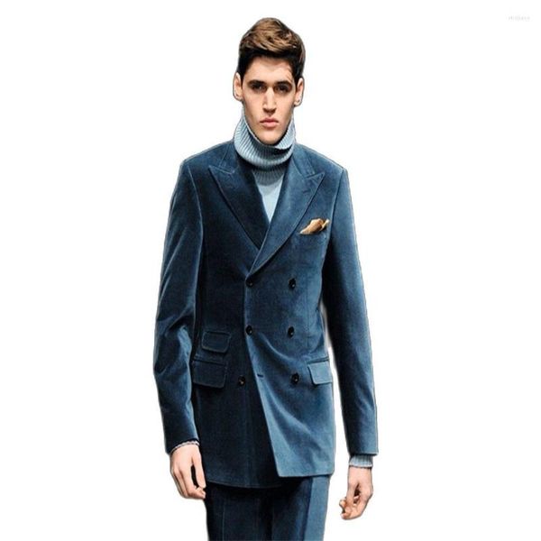 Costumes pour hommes dernier manteau pantalon conception bleu foncé velours Double boutonnage sur mesure marié hommes coupe ajustée smoking 2 pièces veste Terno