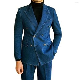 Herenpakken Nieuwste Cowboy Blue Denim Mannen Slim Fit 2 Stuks Piekte Revers Custom Casual Blazer Sets Pak Voor bruiloft Bruidegom Tuxedo