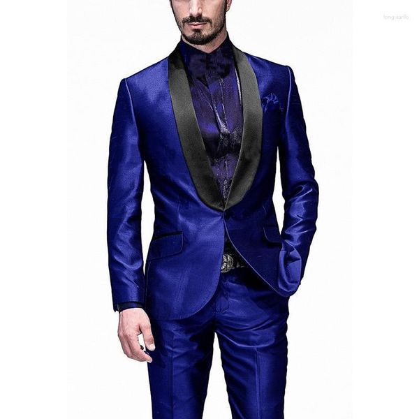 Trajes de hombre último diseño hombres brillante novio esmoquin chal negro solapa padrino boda hombre 2 piezas (chaqueta pantalones corbata)